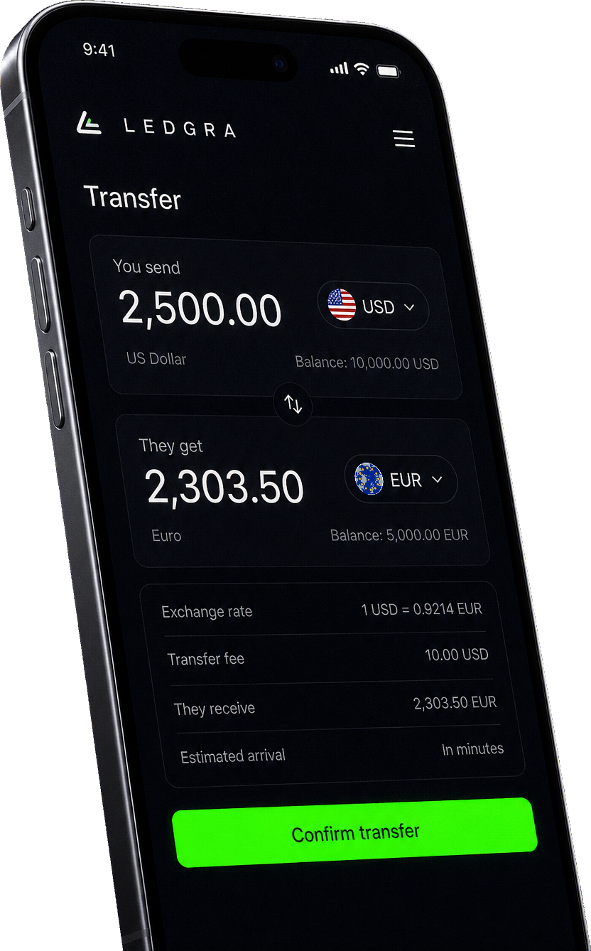 Ledgra transfer screen on iPhone