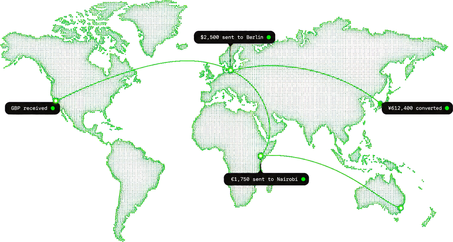 Dotted world map with live transfers between cities
