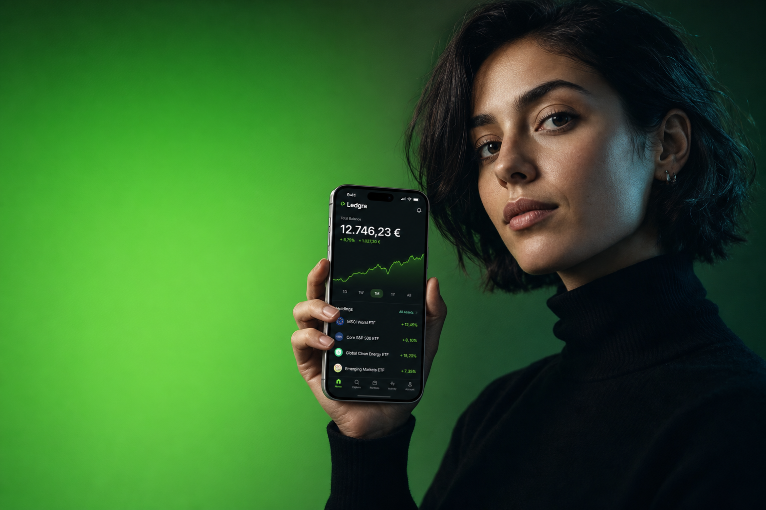 Ledgra customer checking balances on her phone